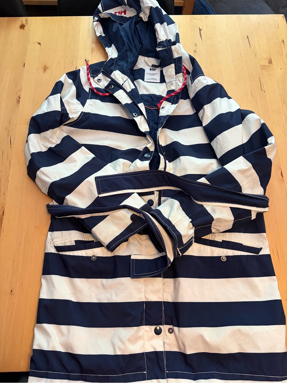 Helly Hansen Navy and White Striped Hooded Rain Jacket